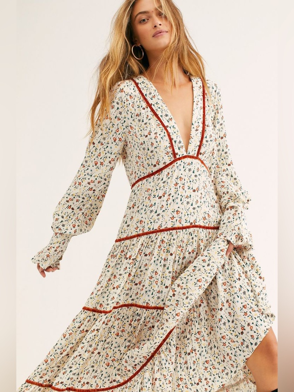 Free People What A Feeling Floral Tiered Maxi Dress Velvet Trim Size 10